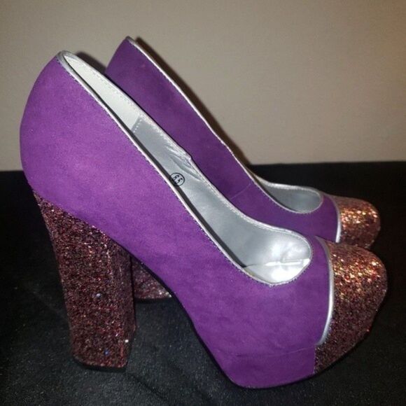 C Label Purple Suede Platform Glitter Heels Size 6.5 - Picture 6 of 7